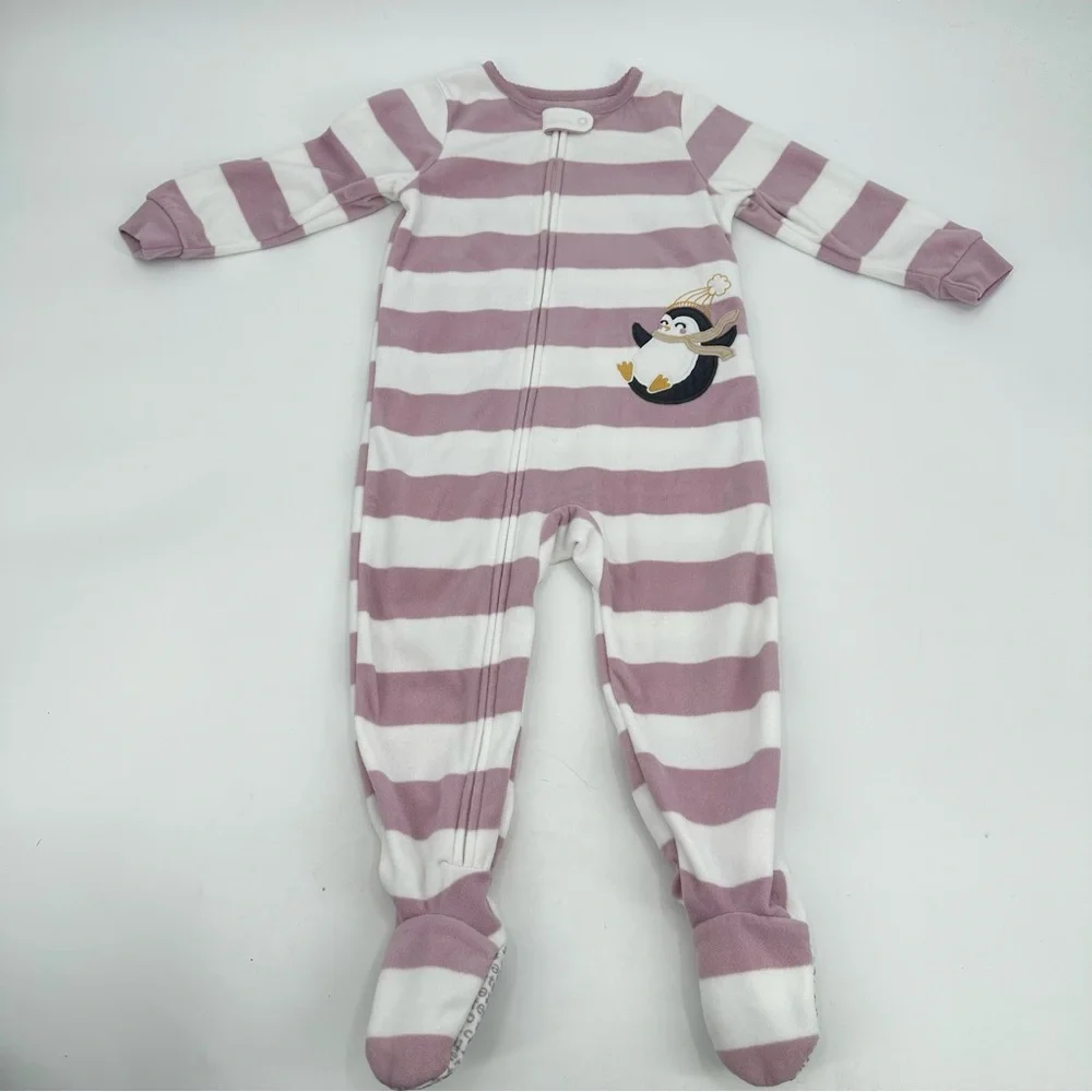 Carter's Fleece Pajamas Toddler 2T Footed Sleeper Zip Penguin Striped PJs 1pc